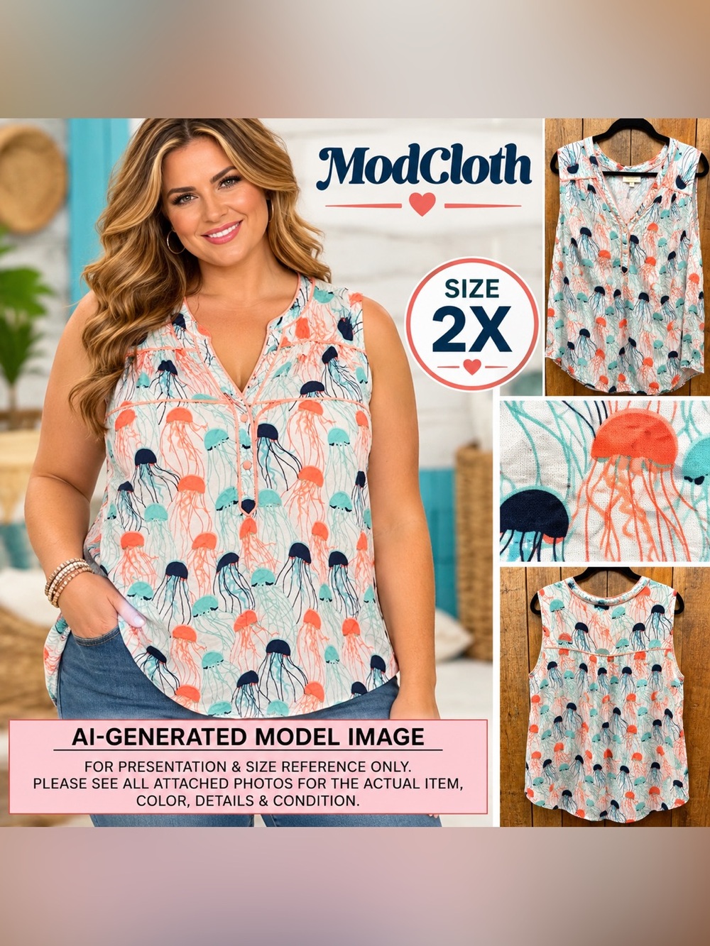 ModCloth Jellyfish Print Rayon Sleeveless Blouse Size 2X